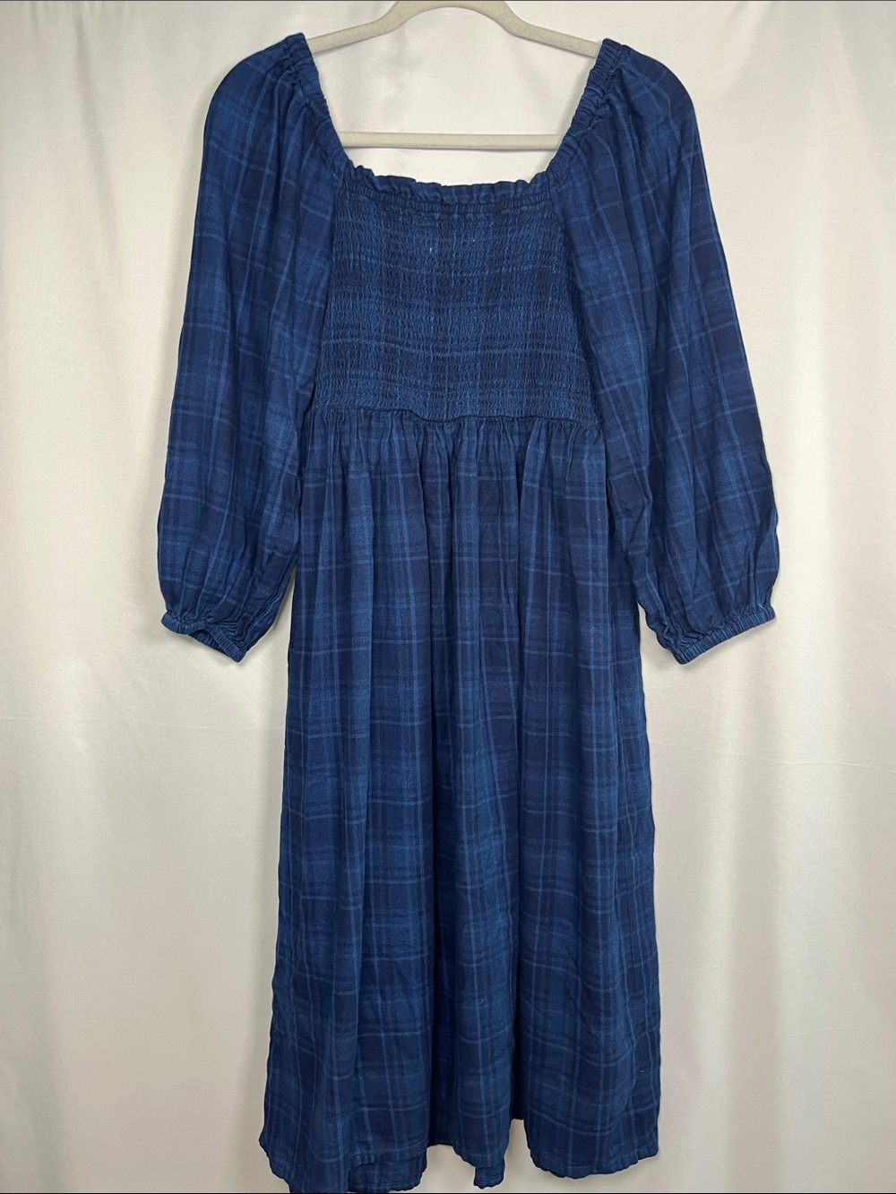 J crew 100% cotton indigo tartan plaid puff sleeve smocked midi dress sz m - Picture 7 of 9
